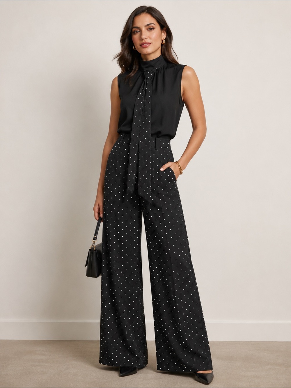 Polka Dot Tie Neck Top & Wide Leg Pants Set